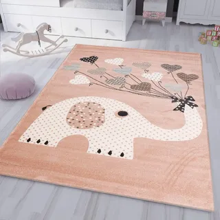 VIMODA Kinderteppiche Herzen mit Ballons Elefant | Kinderteppich für Mädchen und Jungs | Teppich für Kinderzimmer | Schadstofffrei, Maße:160x230 cm