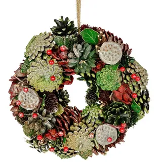 Kunstkranz Natur-Kranz mit echten Zapfen Lotus Perlen Beeren Zapfen, I.GE.A., Höhe 23 cm, Türkranz Tischkranz Adventsdeko Adventskranz Weihnachtsdeko lila