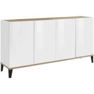Dmora Kommode Liam, Küchen-Sideboard mit 4 Türen, Wohnzimmer-Buffet, 100% Made in Italy, cm 160x40h82, Weiß glänzend und Ahorn