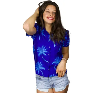 King Kameha Funky-Hawaii-Bluse-Hemd, Kurzarm, Palm-Shadow, Blau-Türkis, XL - XL