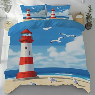 Tyafsgvqo Leuchtturm Bettwäsche 135x200 cm 3 Teilig, Meer Maritim Nautische Bettbezug Weich Bügelfrei Atmungsaktiv, Meer Möwe Strand Bettwäsche Set, Wendebettwäsche mit 2 Kissenbezug 80x80 cm
