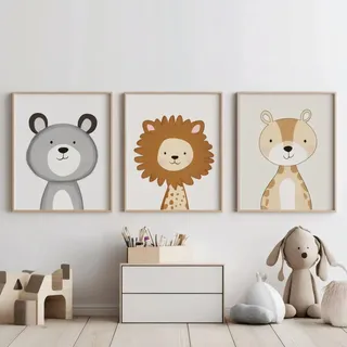 Ueiwffzo 3er Poster Set Bilder Kinderzimmer, Cute Tiere Leinwand Wand Bilder ohne Rahmen, Niedliche Wanddeko für Babyzimmer Kinderzimmer Mädchen Junge (30 x 40 cm)