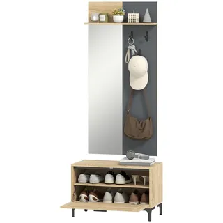 Garderobe mit Spiegel Schuhbank 3 Haken, Garderobenset Flur 4-in-1, MDF Naturholz Grau | Alles-in-einem | 29 kg | 60 x 13,5 x 127,5 cm
