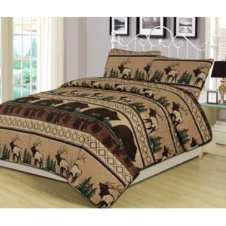 HowPlumb King, Queen, oder Twin Quilt Set 3 Stück Tröster Bär Elk Log Cabin Lodge Rustikal, Polyester-Mischgewebe, Brown, Tan, Hunter Green, White, King Quilt Set