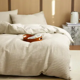 Seersucker Bettwäsche 220x240 Beige Chic Bettbezug mit Kissenbezug 80x80 | Sommerbettwäsche Set, Modern, Kühlende, Strukturiert, Sommer, Atmungsaktiv, Leicht, Microfaser, Reißverschluss, Doppelbett