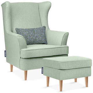 Konsimo Ohrensessel STRALIS Sessel mit Hocker, zeitloses Design, hohe Füße, inklusive dekorativem Kissen grün