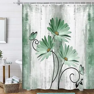 Duschvorhang Im Landhausstil – Salbeigrünes Gänseblümchen-schmetterlingsmuster, Holzmaserung Im Hintergrund, Türkis/petrol/grau, 60 X 70 Zoll, 12 Haken