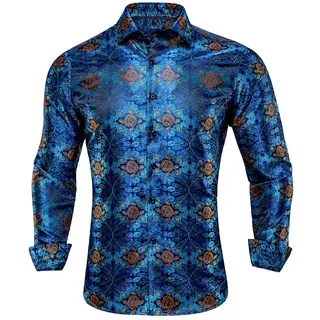 Langarm Seidenhemden Für Männer Herrenhemd Slim Fit Floral Paisley Hemden Männlich - XL