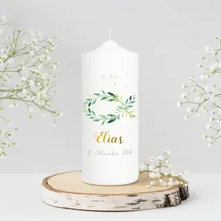 Wandtattoo Loft Taufkerze Mädchen oder Junge personalisierte Patenkerze, Motiv Fisch Blätterkranz, 18cm x 7cm, personalisierte Kerze, bedruckte Kerze Taufe, Stumpenkerze, individuelles Taufgeschenk