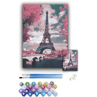 Malen nach Zahlen für Erwachsene: DIY Kunst-Set, Paris, Eiffelturm, 30x40cm. Als Geschenk für Kinder und Erwachsene/Premium Set/Inklusive 3 verschiedene Pinsel, Acrylfarben und Haken (Variante 1)
