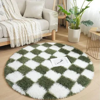 Lifup Teppich Rund Hochflor Teppich, Kariert Extra Weicher Flauschig Waschbar rutschfest für Wohnzimmer Schlafzimmer Grün-Weiß 2 140 x 140 cm