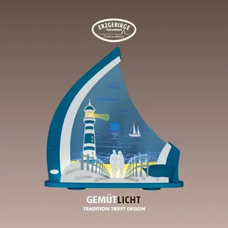 LED Lichterbogen WEIGLA "Maritim, Leuchtturm, Lichterspitze, Dekoleuchte, Made in Germany", bunt (blau, gelb, weiß), B:52cm H:53,5cm T:9cm, Holzwerkstoff, Schwibbögen, Erzgebirge garantiert, maritime Deko Innen, Dekolampe, BLAU-WEIẞ