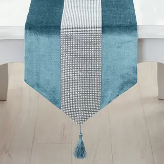 Deggodech Blau Tischläufer mit Quaste 32 x 210 cm Lang Modern Glitter Tischläufer Silber Diamant Table Runner für Küchentisch, Kaffeetisch, Kommode,Weinschrank Dekoration (210cm, Blau)
