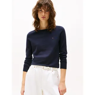 Strickpullover TOMMY HILFIGER "CO JERSEY STITCH V-NECK SWEATER", Damen, Gr. XL (42), blau (desert sky), Feinstrick, Obermaterial: 67% Baumwolle, 33% Polyamid, unifarben, Basic normal, U-Boot-Ausschnitt, Rippbündchen, Pullover Strickpullover, mit Tommy Hilfiger Logo-Flag, U-Boot-Ausschnitt