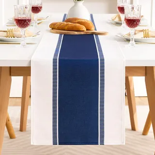 Tischläufer Blau Streifen Dekorativ, Tischband Modern Tischdeko 40x140 cm, Rechteckig Tischdecke Abwaschbar aus Baumwoll-Leinen-Stoff, Tisch Läufer Natur Elegant für Esszimmer Esstisch Beistelltisch