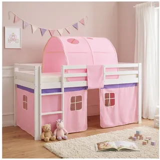 Homestyle4u Hochbett 90 x 200 cm Kiefer massiv lackiert weiß rosa
