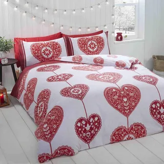 Rapport Hearts Weihnachts-Bettbezug-Set, 100% gebürstete Baumwolle, Rot, Einzelbett