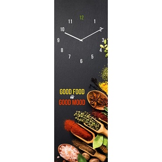 Wanduhr Good Food - lautlose Uhr aus Glas Made in EU - Glasuhr inklusive Wandaufhängung - Wanduhr ohne Tickgeräusche mit Metallzeiger - Küche Uhr Küchenuhr rechteckig schwarz rot Gewürze - 20 x 60 cm