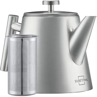 SILBERTHAL Teekanne mit Siebeinsatz (1L) Silber - Aus Edelstahl - Doppelwandige Kanne mit Deckel - Hält lange warm - Tee Geschenk