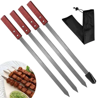 LALAGO 4 Stücke Flache Schaschlikspieße Edelstahl,59,4cm Grillspieße Grill Spieße Extra Lang,Fleischspieße Fleischgabel Metallspieße Grillzubehör für Grillstab, Grillbesteck