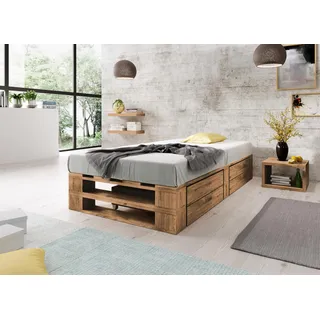 Lermowood Palettenbett M2 aus Holz 100 x 200 cm Eiche mit Lattenrost und 2 Bettkästen Holzbett 30cm Stabiles Seniorenbett Kinderbett Jugendbett Gästebett erhöhtes Bettgestell Futonbett Komforthöhe