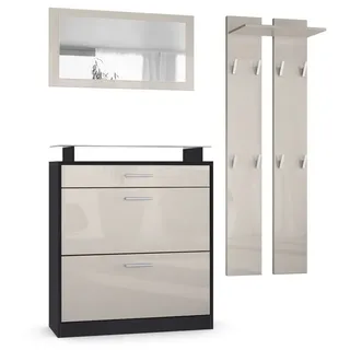 Vladon Garderoben-Set Loret, (Garderobe Set bestehend aus 1 Schuhschrank, 1 Wandspiegel, 2 Garderobenpaneele), Schwarz matt/Sandgrau Hochglanz (Schuhschrank 89 x 104 x 23 cm) grau