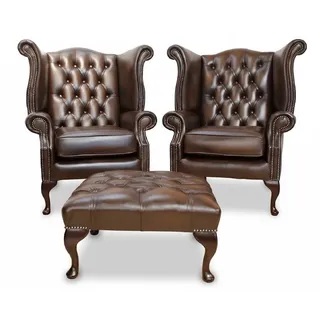 JVmoebel Ohrensessel Chesterfield Ohrensessel mit Hocker aus 100% Leder, Made in Europa braun