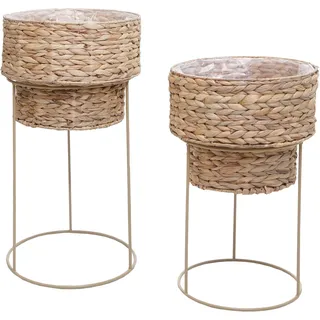 2er-pflanzentopf-set Hhg-904, Pflanzkasten Pflanzkübel Blumentopf, Metall Wasserhyazinthe Natur, Gestell Beige
