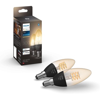 Philips Hue White E14 Filament Lampen 2-er Pack (300 lm), dimmbare LED Lampen für das Hue Lichtsystem mit warmweißen Licht, smarte Lichtsteuerung über Sprache und App