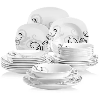 MALACASA Geschirr-Set Tafelservice ZOEY für 6, Grauweiß Porzellan Geschirrset (24-tlg), 6 Personen, Porzellan weiß