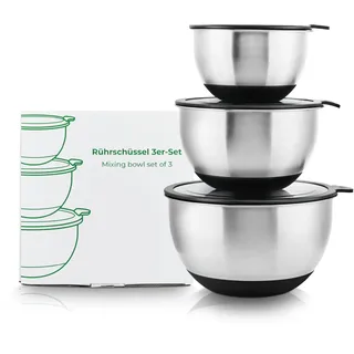 Wundermix - 3 Edelstahl Schüssel mit Deckel 1,5l, 3l, 5l (3er Set) • Stapelbar & rutschfest • Schüssel Set mit Deckel • Edelstahl Schüsseln • Rührschüssel, Salatschüssel, Backschüssel