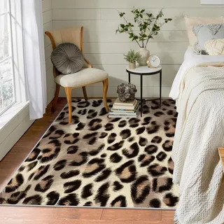 Waschbar Wohnzimmer Teppich Leopardenmuster 140x180 Kurzflor Schlafzimmer, Hellbraun Gegend Dünn Bettvorleger Saugfähig für Jugendzimmer Jungen Mädchen