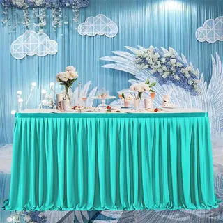 Highdi Tischrock aus Polyester, Tischrock für Rechteck Tische Hotel Bankett Tischröcke Waschbare für Party, Hochzeit, Geburtstag Tischdekoration (14FT,Türkis)