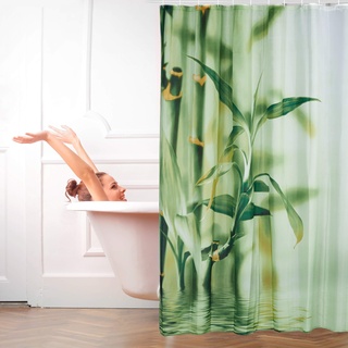 Relaxdays Bambus Design Duschvorhang Polyester Stoff Waschbar Pflanzenmotiv 200x180 cm Badvorhang Grün, 4 x 180 x 200 cm