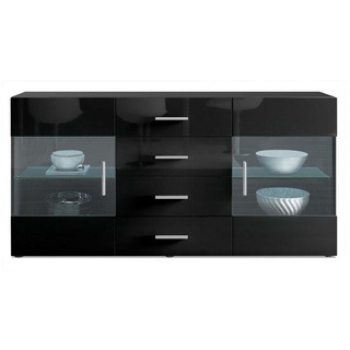 Vladon Sideboard Bari (Kommode mit 2 Türen, 4 Schubladen und 2 flexible Glaseinlegeböden), Schwarz matt/Schwarz Hochglanz (139 x 72 x 35) schwarz