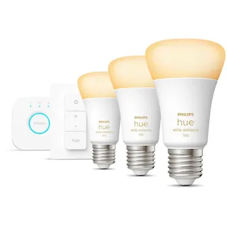 Philips HUE Led-Leuchtmittel White Ambiance Starter-Kit inkl. Brigde \u0026 Dimmer, Weiß, Kunststoff, F, 11 W, 11 cm, Lampen & Leuchten, Innenbeleuchtung, Smart Lights, Smarte Glühbirnen