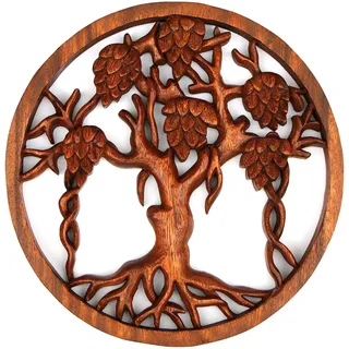 Wogeka - Super schönes 29 cm Baum Relief - Handarbeit aus Holz geschnitzt als besondere Geschenk-Idee für Asia Fans zu Geburtstag, Weihnachten zur Wand-Deko Dragon Feng Shui Baum mit Zapfen Rel41