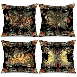 Tucocoo Vintage Cushion Covers Decorative 18x18 Inch Set of 4 Sun Moon with Forest Treasures Fern Mushrooms Flowers Botanical Pillow Covers for Couch Sofa Home Living Room