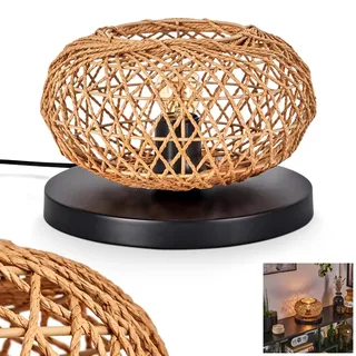Tischleuchte Mulstrand, moderne Boho Tischlampe aus Metall/Rattan in Schwarz/Natur, Nachttischlampe mit Schirm in Gitter-Optik, An-/Ausschalter am Kabel und Lichteffekt, 1 x E27, ohne Leuchtmittel