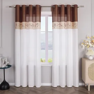 SCHOAL Gardinen mit Ösen Halbtransparente Vorhänge Weiß Gardinenschal Fensterschal Landhaus Dekoschals Wohnzimmer Bestickt 1 Stück BxH 140x260cm Braun