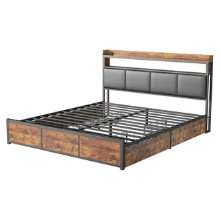 Doppelbett 160x200 cm - Metallbettgestell mit LED-Beleuchtung - 4 Schubladen - Kopfteil mit Stauraum - Industrial Stil Holz Metall - Braun