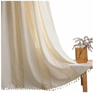 Kaket Gardine Boho-Vorhänge, beige Lochmuster-Gardine, Vintage-Landhausstil-Vorhänge, Fransen-Vorhänge