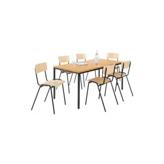 Sparset Stapelstühle, Buchenholz, Gestell schwarz, B 450 x T 520 x H 770 mm, 6 Stück + Tisch, Buche-Natur, Gestell schwarz, L 1600 x B 800 x H 720 mm