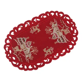 Quinnyshop Hirsch Weihnachts-Tischläufer 30 x 45 cm Oval Leinen Optik, Rot