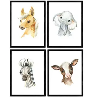 POSTER Set mit 4 Elefantenkuh Pferd und Zebra A3 Schwarzer Rahmen