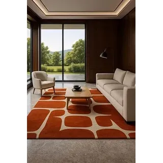 AUWUUA Moderner Abstrakter geometrischer Teppich Wohnzimmer 180 x 230 cm, Terrakotta-Kurven-Blockmuster, dünner Kurzflorteppich, orange, waschbar, rutschfest Teppiche Schlafzimmer