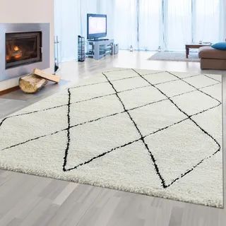 Teppich-Traum Hochflor Teppich Rund Skandi-Rauten Weiß Schwarz Ø 120 cm