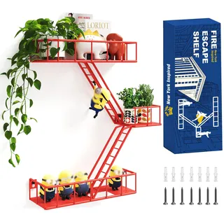 MVPSONAG Metall-Feuerfluchtleiter-Regal, Wandaufbewahrung, 3-stöckiges rotes Feuerflucht-Wandregal mit Körben, New York Actionfiguren-Ausstellungsregal, rustikale schwebende dekorative Wandregale für