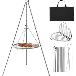 REDCAMP Schwenkgrill mit Grillrost, inkl Ketten Höhenverstellbar Höhe Edelstahl-Camping schwenkgrill edelstahl mit rundem Grillrost und Tragetasche für Outdoor-BBQ, Silber