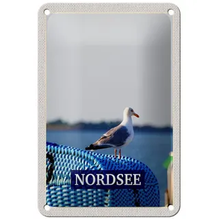 Femer GmbH Metallschild Reise 12x18cm Nordsee Möwe Strand Meer Urlaub Trip Schild, (1 St), gewölbte Oberfläche, abgerundete Ecken, umgeschlagene Kanten